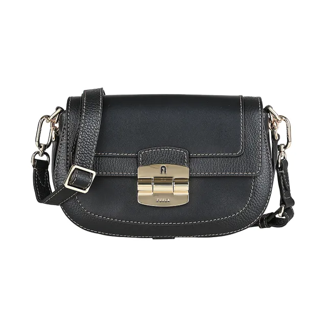 【FURLA 芙拉】FURLA Club 2金屬LOGO荔枝紋拼滑面牛皮吸釦式斜背包(黑)
