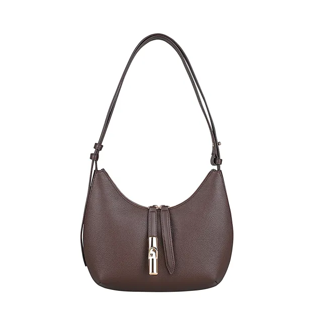 【FURLA 芙拉】FURLA GOCCIA金屬圓柱LOGO粒面小牛皮拉鍊肩背斜背包(巧克力棕)