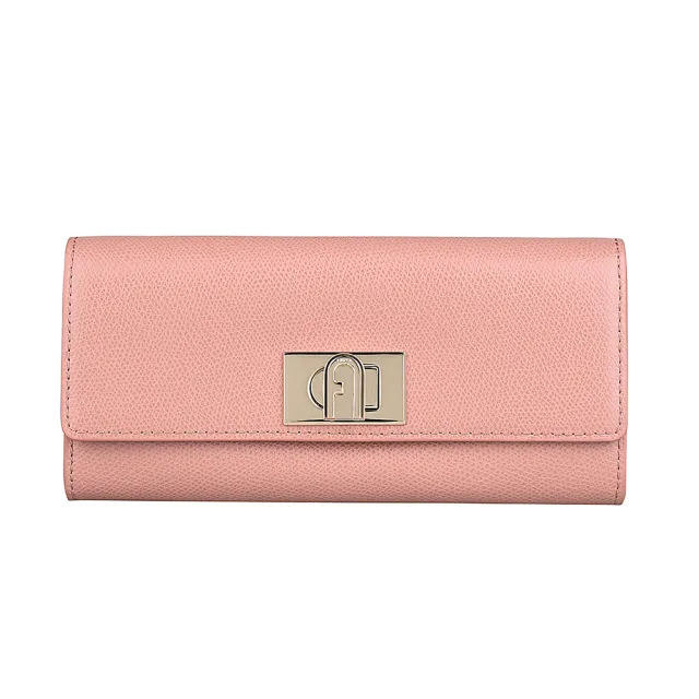 【FURLA 芙拉】FURLA 1927金屬拱門LOGO防刮牛皮10卡翻蓋旋扣式長夾(紅梅粉)
