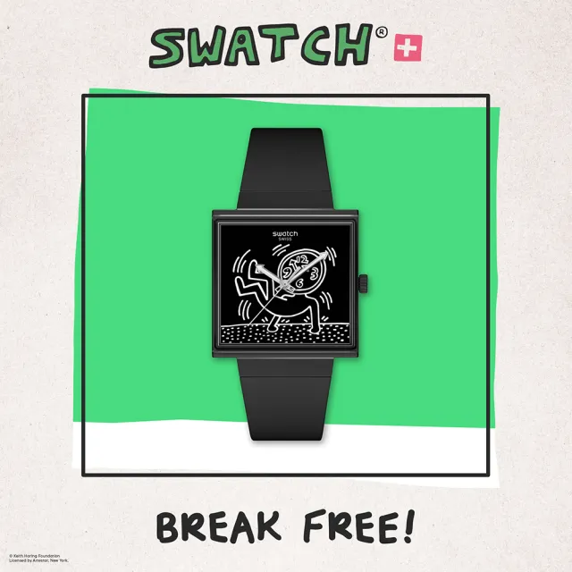 【SWATCH】Gent 方形系列手錶 Keith Haring 聯名 BREAK LOOSE 方形錶 女錶 手錶 瑞士錶 錶(33mm)