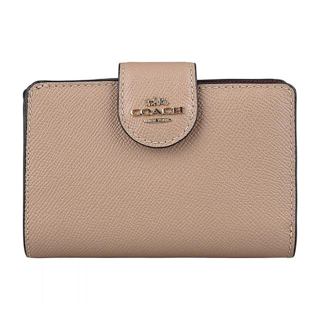 【COACH】COACH LOGO釦式7卡荔枝紋牛皮中夾(灰褐x酒紅)