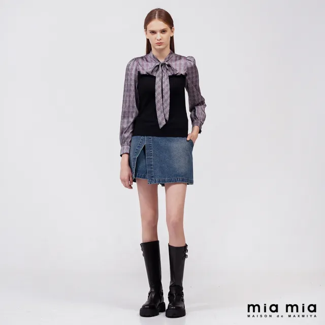 【mia mia】灰格紋拼接綁帶上衣