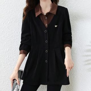 【麗質達人】3016黑咖拼色假二件上衣-AA(L-5XL)