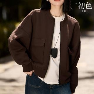 【初色】素色圓領長袖工裝棒球外套女外套-共3色-38503(M-XL可選)