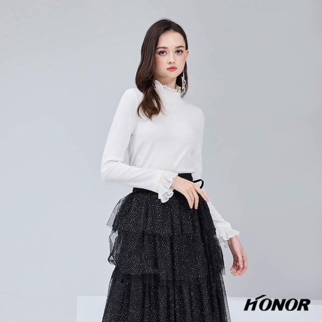 【HONOR 山形屋】蕾絲荷葉邊高領長袖上衣-白/黑/粉