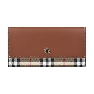 【BURBERRY 巴寶莉】BURBERRY HALTON VINTAGE LOGO釦式12卡牛皮搭PVC長夾(奶茶棕)