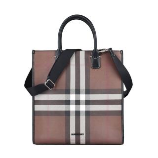 【BURBERRY 巴寶莉】BURBERRY Denny LOGO開口式格紋PVC手提斜揹包(深褐x炭灰)