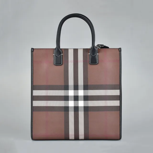 【BURBERRY 巴寶莉】BURBERRY Denny LOGO開口式格紋PVC手提斜背包(深褐x炭灰)