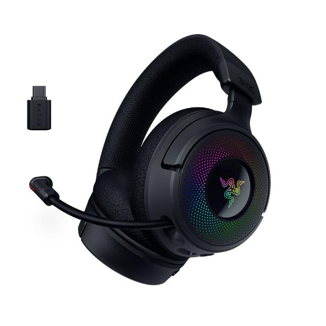  Razer 雷蛇 Kraken V4 電競頭戴式耳機，支援2.4GHz無線、藍芽5.3及有線USB-A連線，40mm驅動單體提供沉浸式音效，靈敏度98dB。內建高品質麥克風（靈敏度-42dBV/Pa，頻率100Hz-10kHz），適合電競遊戲及多媒體使用。相容Windows、Mac、Android、iOS、PlayStation、Nintendo Switch、Steam Deck等平臺，重量約350g，黑色設計，兩年保固，NCC認證CCAH24LP4250T4。 