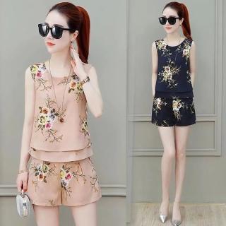 【K.W.】迎新春現貨細緻雪紡亞麻花朵印花雙層下擺套裝(中大尺碼/韓國空運/韓國洋裝)