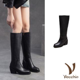 【Vecchio】真皮長靴 粗跟長靴/全真皮頭層牛皮百搭經典純色粗跟長靴(黑)
