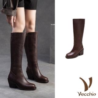 【Vecchio】真皮長靴 粗跟長靴/全真皮頭層牛皮百搭經典純色粗跟長靴(咖)