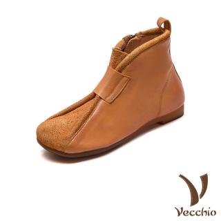 【Vecchio】真皮短靴 低跟短靴/全真皮頭層牛皮復古典雅設計低跟短靴(黃)