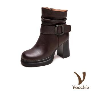 【Vecchio】真皮短靴 高跟短靴/全真皮頭層牛皮個性皮帶釦飾高跟短靴(棕)