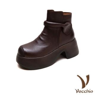 【Vecchio】真皮短靴 厚底短靴 粗跟短靴/真皮頭層牛皮復古包跟一字帶輕量厚底粗跟短靴(棕)