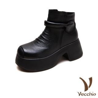 【Vecchio】真皮短靴 厚底短靴 粗跟短靴/真皮頭層牛皮復古包跟一字帶輕量厚底粗跟短靴(黑)