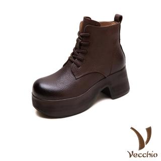 【Vecchio】真皮馬丁靴 短筒馬丁靴/真皮頭層牛皮輕量厚底百搭復古繫帶短筒馬丁靴(咖)