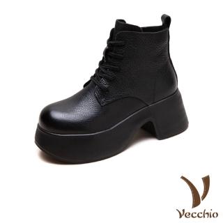 【Vecchio】真皮馬丁靴 短筒馬丁靴/真皮頭層牛皮輕量厚底百搭復古繫帶短筒馬丁靴(黑)