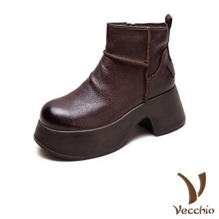 【Vecchio】真皮短靴 厚底短靴 粗跟短靴/真皮頭層牛皮經典小圓頭輕量厚底粗跟短靴(棕)