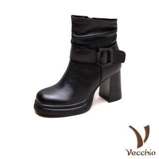 【Vecchio】真皮短靴 高跟短靴/全真皮頭層牛皮個性皮帶釦飾高跟短靴(黑)