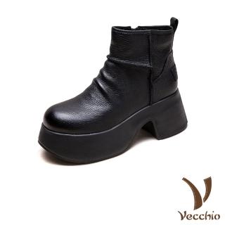 【Vecchio】真皮短靴 厚底短靴 粗跟短靴/真皮頭層牛皮經典小圓頭輕量厚底粗跟短靴(黑)