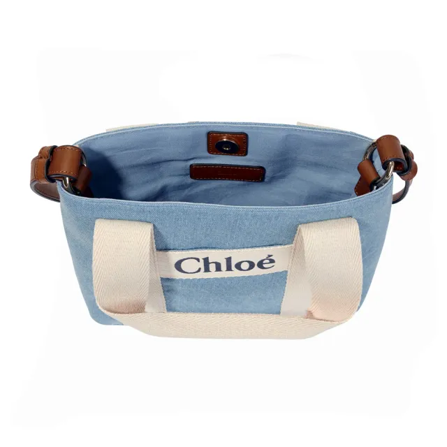 【Chloe’ 蔻依】CHC24SB200046Z10 經典LOGO帆布牛皮飾邊手提斜背包(藍色)