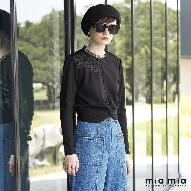 【mia mia】剪接蕾絲紐結短版上衣