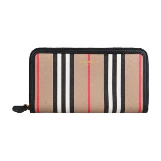 【BURBERRY 巴寶莉】BURBERRY燙金LOGO直條紋環保帆布12卡拉鍊長夾(典藏米x棕)