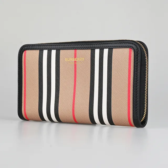 【BURBERRY 巴寶莉】BURBERRY燙金LOGO直條紋環保帆布12卡拉鍊長夾(典藏米x棕)