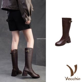 【Vecchio】真皮長靴 粗跟長靴/全真皮頭層牛皮修飾顯瘦版型粗跟長靴(咖)