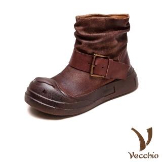 【Vecchio】真皮短靴 寬楦短靴/全真皮頭層牛皮寬楦護趾皮帶釦飾帥氣短靴(咖)