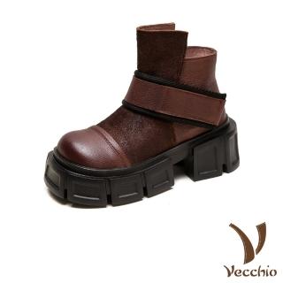 【Vecchio】真皮短靴 厚底短靴/全真皮頭層牛皮異材質拼接個性魔鬼粘厚底短靴(棕)