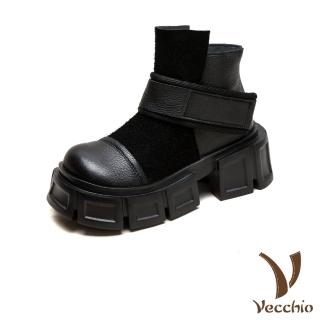 【Vecchio】真皮短靴 厚底短靴/全真皮頭層牛皮異材質拼接個性魔鬼粘厚底短靴(黑)