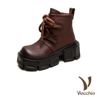【Vecchio】真皮短靴 厚底短靴 粗跟短靴/全真皮頭層牛皮繫帶厚底粗跟時尚休閒短靴(棕)
