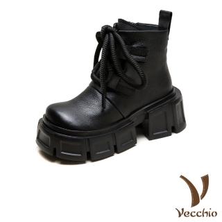 【Vecchio】真皮短靴 厚底短靴 粗跟短靴/全真皮頭層牛皮繫帶厚底粗跟時尚休閒短靴(黑)