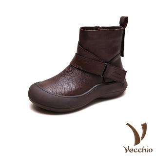 【Vecchio】真皮短靴 厚底短靴/真皮頭層牛皮個性皮帶釦造型厚底短靴(咖)