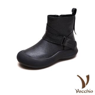 【Vecchio】真皮短靴 厚底短靴/真皮頭層牛皮個性皮帶釦造型厚底短靴(黑)