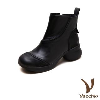 【Vecchio】真皮短靴 粗跟短靴/真皮頭層牛皮復古立體車線粗跟典雅短靴(黑)