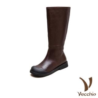 【Vecchio】真皮短靴 低跟長靴/全真皮頭層牛皮包頭護指百搭低跟長靴(咖)