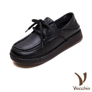 【Vecchio】真皮休閒鞋 平底休閒鞋/真皮頭層牛皮兩穿法設計繫帶平底休閒鞋(黑)