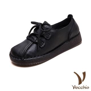 【Vecchio】真皮休閒鞋 平底休閒鞋/真皮頭層牛皮復古軟面繫帶平底休閒鞋(黑)