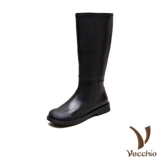 【Vecchio】真皮短靴 低跟長靴/全真皮頭層牛皮包頭護指百搭低跟長靴(黑)