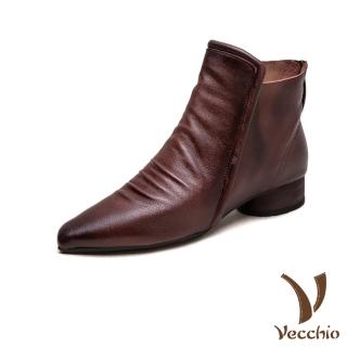 【Vecchio】真皮短靴 尖頭短靴 低跟短靴/全真皮頭層牛皮復古尖頭低跟短靴(咖)