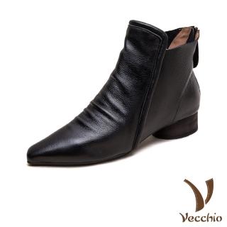 【Vecchio】真皮短靴 尖頭短靴 低跟短靴/全真皮頭層牛皮復古尖頭低跟短靴(黑)
