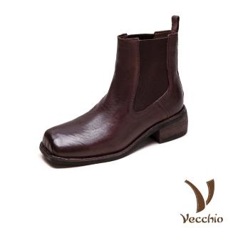 【Vecchio】真皮短靴 粗跟短靴/全真皮細膩馬皮復古方頭切爾西粗跟短靴(咖)