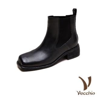 【Vecchio】真皮短靴 粗跟短靴/全真皮細膩馬皮復古方頭切爾西粗跟短靴(黑)