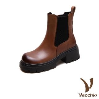 【Vecchio】真皮中筒靴 粗跟中筒靴/真皮頭層牛皮經典厚底粗跟切爾西中筒靴(棕)