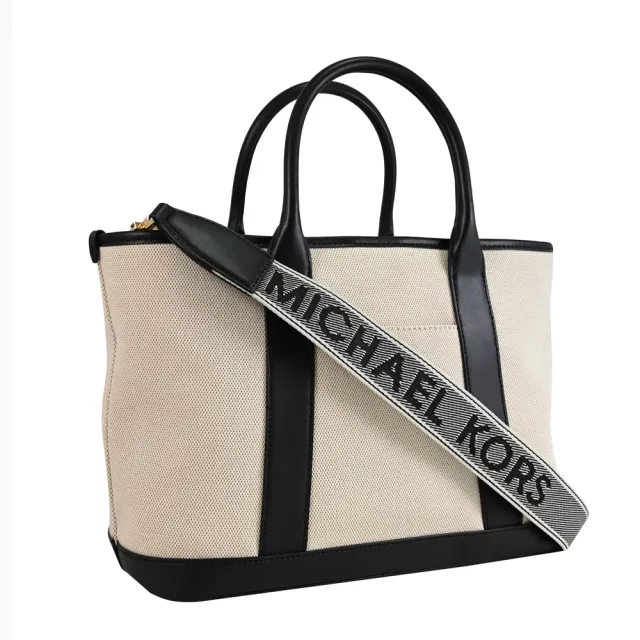 【Michael Kors】LUISA 簡約LOGO帆布皮革寬背帶手提包兩用包(黑)
