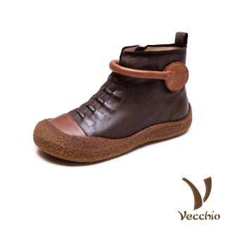 【Vecchio】真皮短靴 厚底短靴/全真皮頭層牛皮復古一字線繩設計厚底短靴(咖)