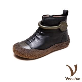 【Vecchio】真皮短靴 厚底短靴/全真皮頭層牛皮復古一字線繩設計厚底短靴(黑)